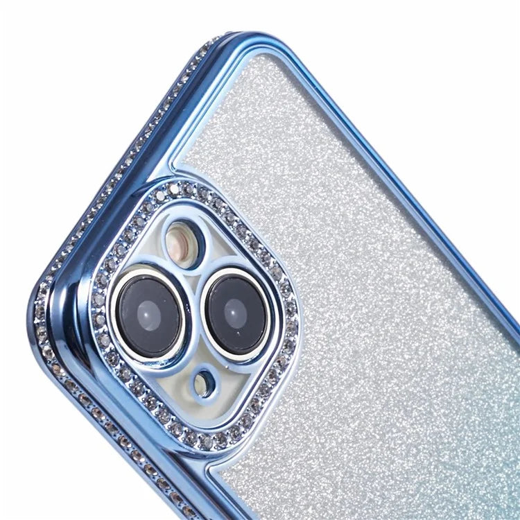 For iPhone 14 Case Camera Protection Glitter Rhinestone Decor Gradient TPU Phone Cover