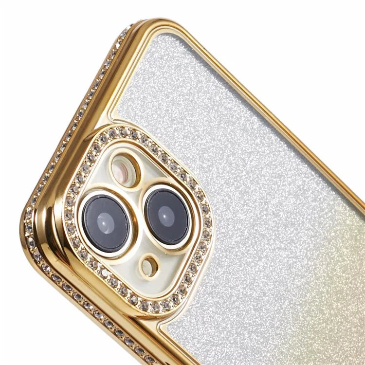 For iPhone 14 Case Camera Protection Glitter Rhinestone Decor Gradient TPU Phone Cover