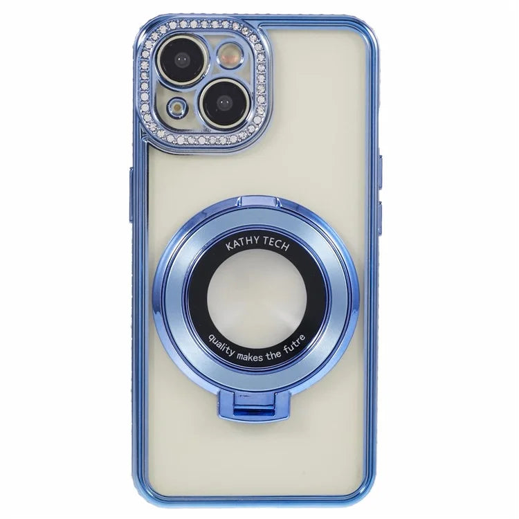 For iPhone 13 Case Flexible TPU Rhinestones Decor Protective Shell with PC Ring Kickstand
