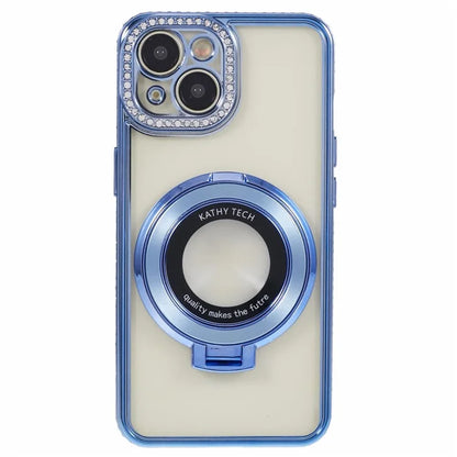 For iPhone 13 Case Flexible TPU Rhinestones Decor Protective Shell with PC Ring Kickstand