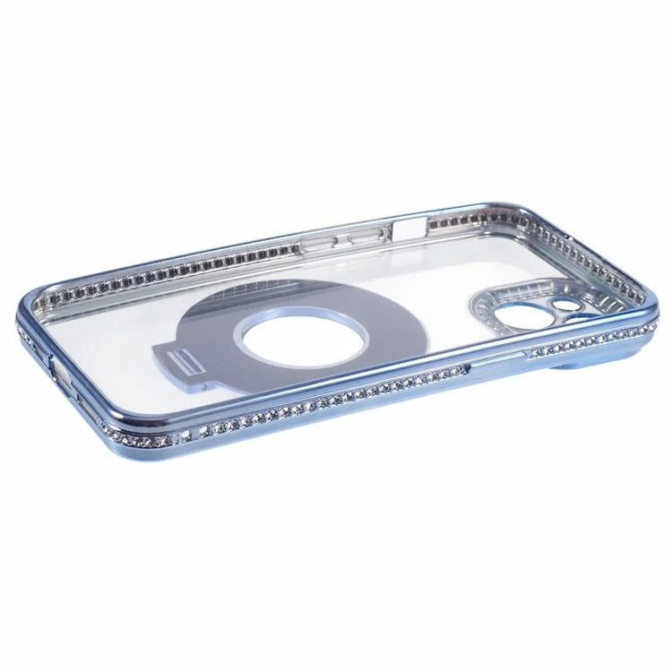 For iPhone 13 Case Flexible TPU Rhinestones Decor Protective Shell with PC Ring Kickstand