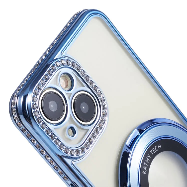 For iPhone 13 Case Flexible TPU Rhinestones Decor Protective Shell with PC Ring Kickstand