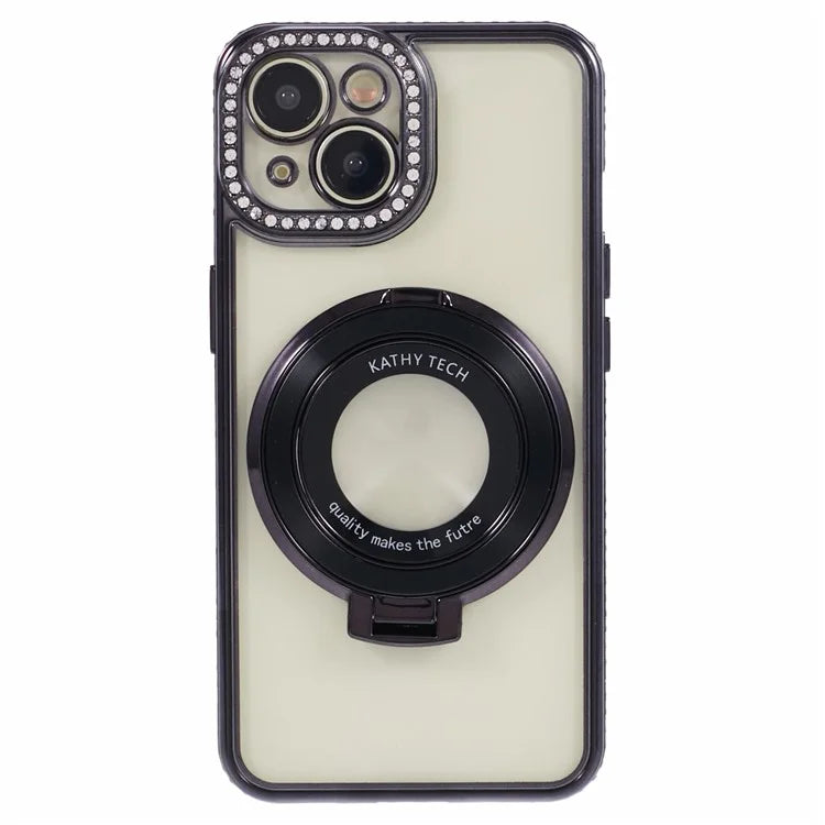 For iPhone 14 Case TPU Rhinestones Decor PC Ring Kickstand Cell Phone Protector