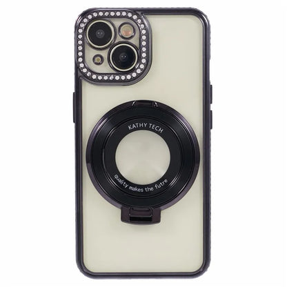 For iPhone 14 Case TPU Rhinestones Decor PC Ring Kickstand Cell Phone Protector