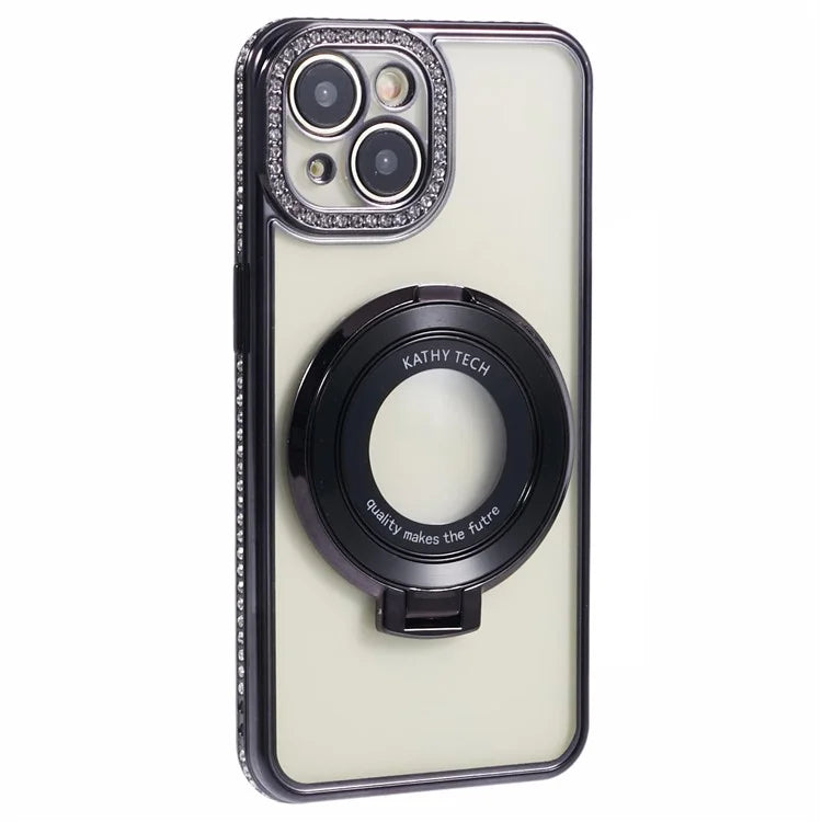 For iPhone 14 Case TPU Rhinestones Decor PC Ring Kickstand Cell Phone Protector