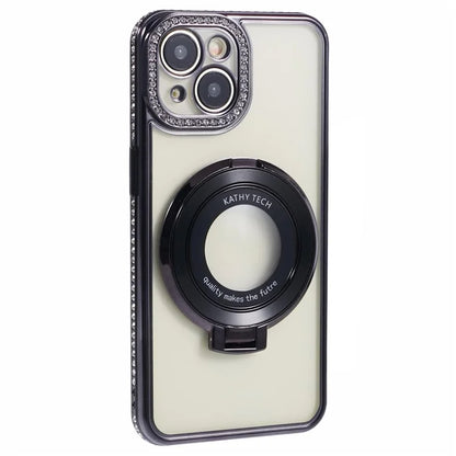 For iPhone 14 Case TPU Rhinestones Decor PC Ring Kickstand Cell Phone Protector