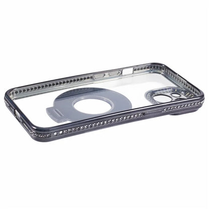 For iPhone 14 Case TPU Rhinestones Decor PC Ring Kickstand Cell Phone Protector