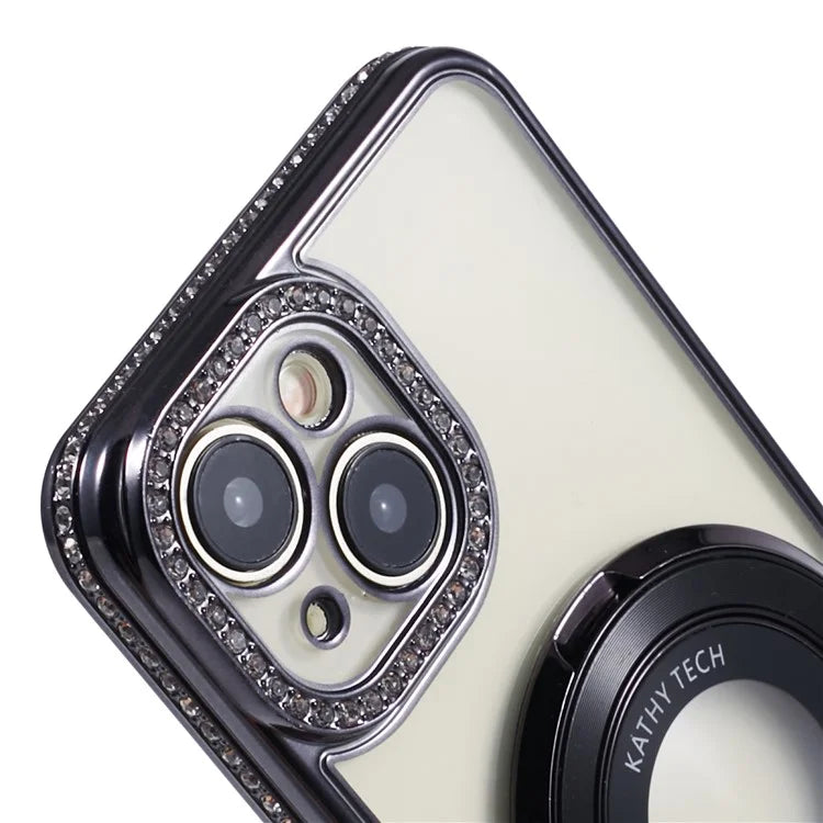 For iPhone 14 Case TPU Rhinestones Decor PC Ring Kickstand Cell Phone Protector