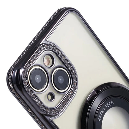 For iPhone 14 Case TPU Rhinestones Decor PC Ring Kickstand Cell Phone Protector