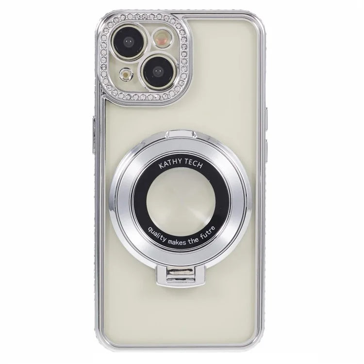 For iPhone 14 Case TPU Rhinestones Decor PC Ring Kickstand Cell Phone Protector