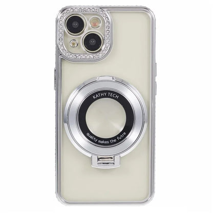 For iPhone 14 Case TPU Rhinestones Decor PC Ring Kickstand Cell Phone Protector