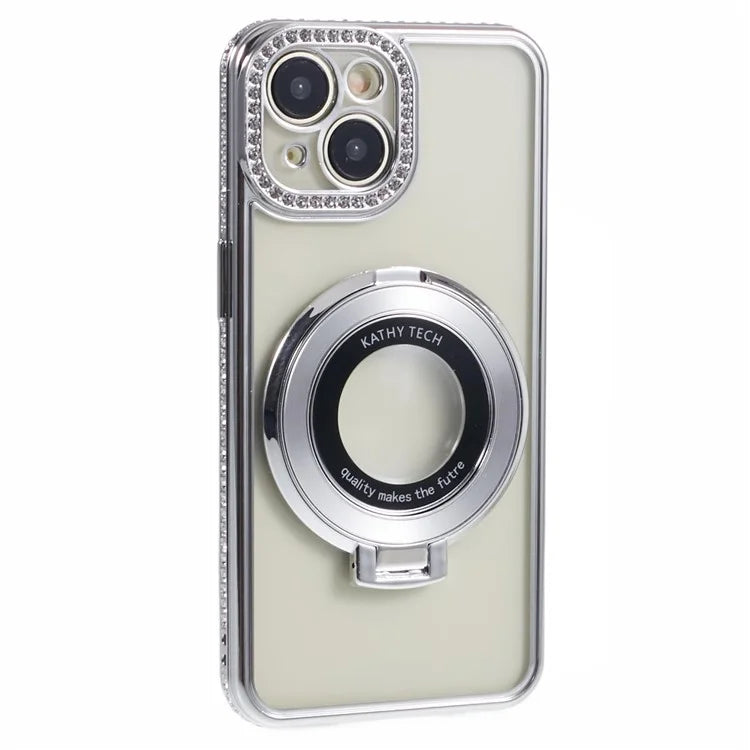 For iPhone 14 Case TPU Rhinestones Decor PC Ring Kickstand Cell Phone Protector