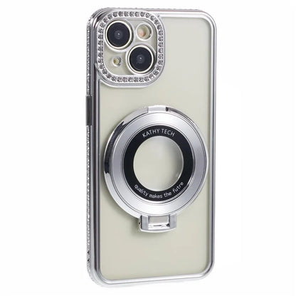 For iPhone 14 Case TPU Rhinestones Decor PC Ring Kickstand Cell Phone Protector