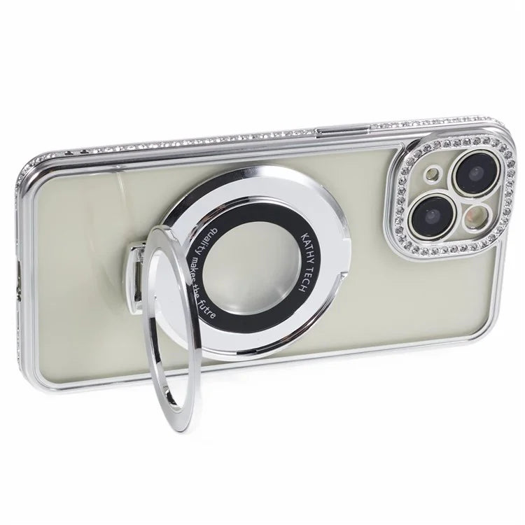 For iPhone 14 Case TPU Rhinestones Decor PC Ring Kickstand Cell Phone Protector