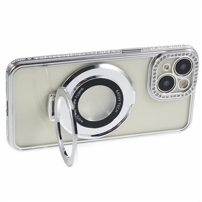 For iPhone 14 Case TPU Rhinestones Decor PC Ring Kickstand Cell Phone Protector