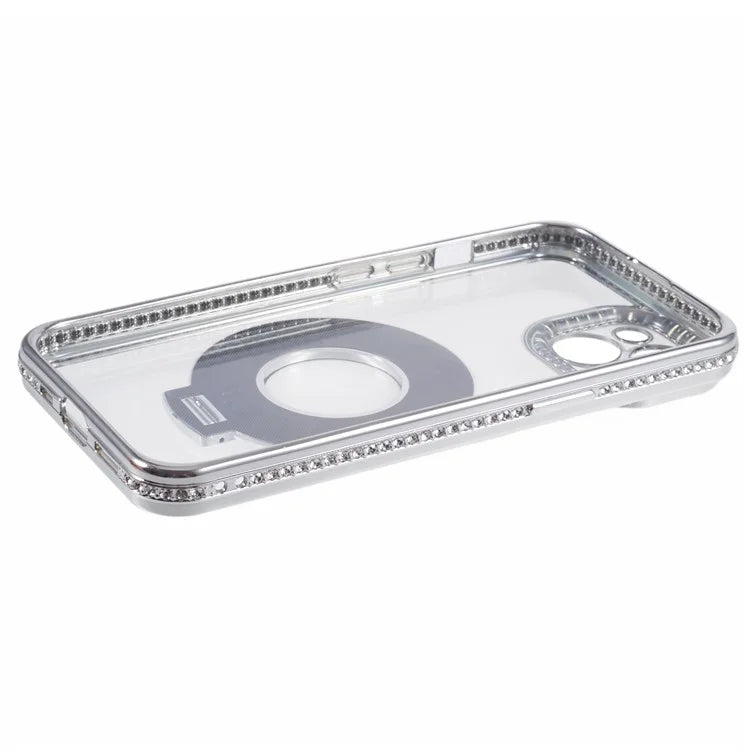 For iPhone 14 Case TPU Rhinestones Decor PC Ring Kickstand Cell Phone Protector