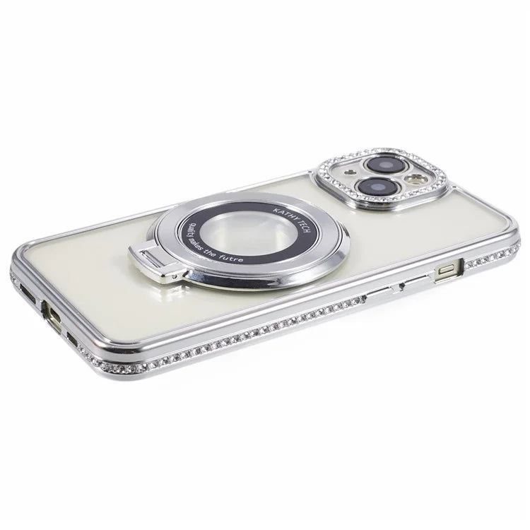 For iPhone 14 Case TPU Rhinestones Decor PC Ring Kickstand Cell Phone Protector