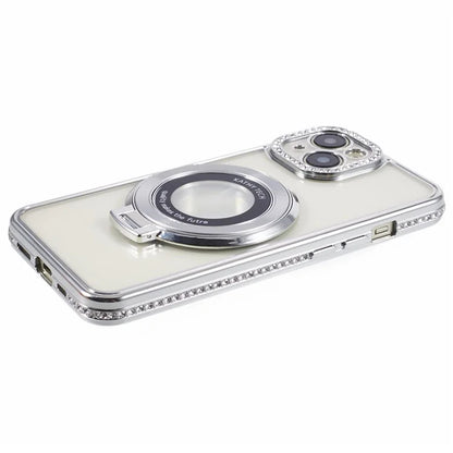 For iPhone 14 Case TPU Rhinestones Decor PC Ring Kickstand Cell Phone Protector