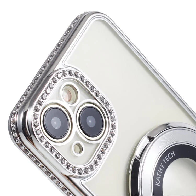 For iPhone 14 Case TPU Rhinestones Decor PC Ring Kickstand Cell Phone Protector