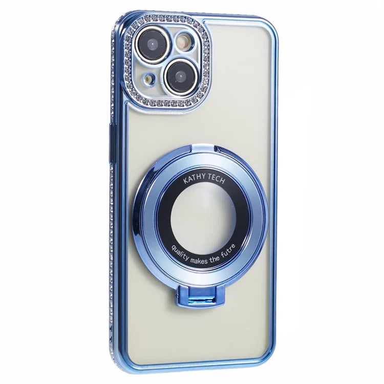For iPhone 14 Case TPU Rhinestones Decor PC Ring Kickstand Cell Phone Protector