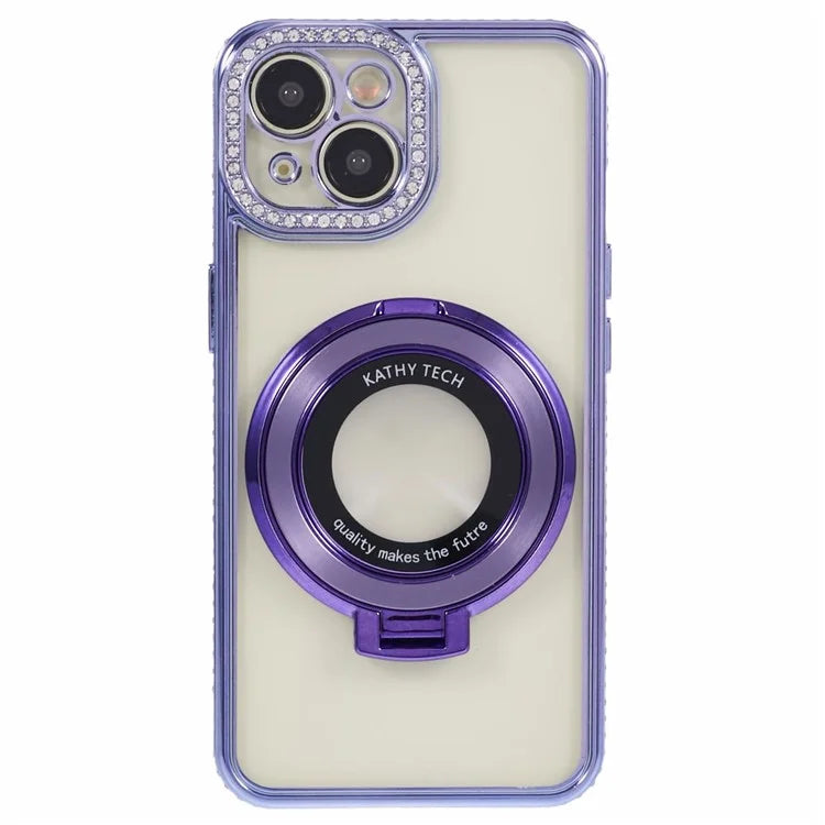 For iPhone 14 Case TPU Rhinestones Decor PC Ring Kickstand Cell Phone Protector