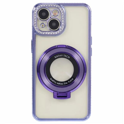 For iPhone 14 Case TPU Rhinestones Decor PC Ring Kickstand Cell Phone Protector
