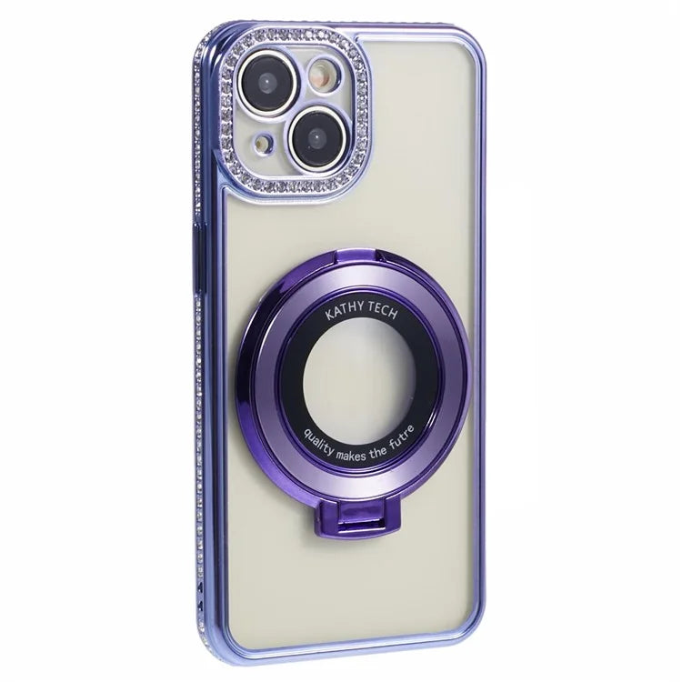 For iPhone 14 Case TPU Rhinestones Decor PC Ring Kickstand Cell Phone Protector