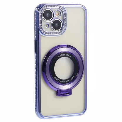 For iPhone 14 Case TPU Rhinestones Decor PC Ring Kickstand Cell Phone Protector