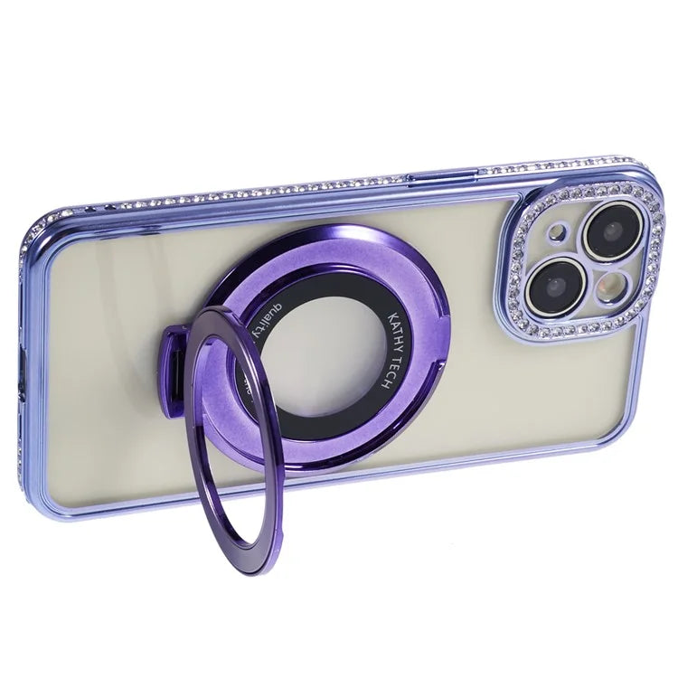 For iPhone 14 Case TPU Rhinestones Decor PC Ring Kickstand Cell Phone Protector