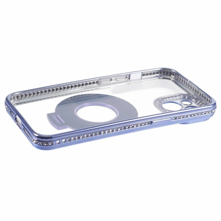 For iPhone 14 Case TPU Rhinestones Decor PC Ring Kickstand Cell Phone Protector