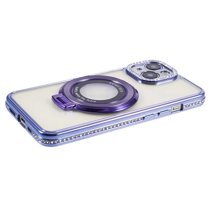 For iPhone 14 Case TPU Rhinestones Decor PC Ring Kickstand Cell Phone Protector