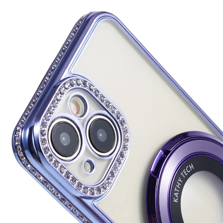 For iPhone 14 Case TPU Rhinestones Decor PC Ring Kickstand Cell Phone Protector
