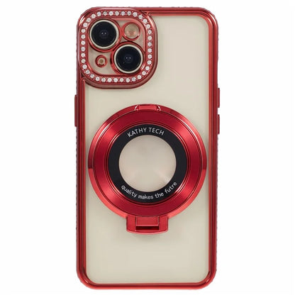 For iPhone 14 Case TPU Rhinestones Decor PC Ring Kickstand Cell Phone Protector