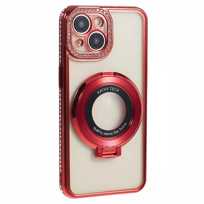 For iPhone 14 Case TPU Rhinestones Decor PC Ring Kickstand Cell Phone Protector