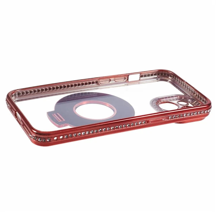 For iPhone 14 Case TPU Rhinestones Decor PC Ring Kickstand Cell Phone Protector