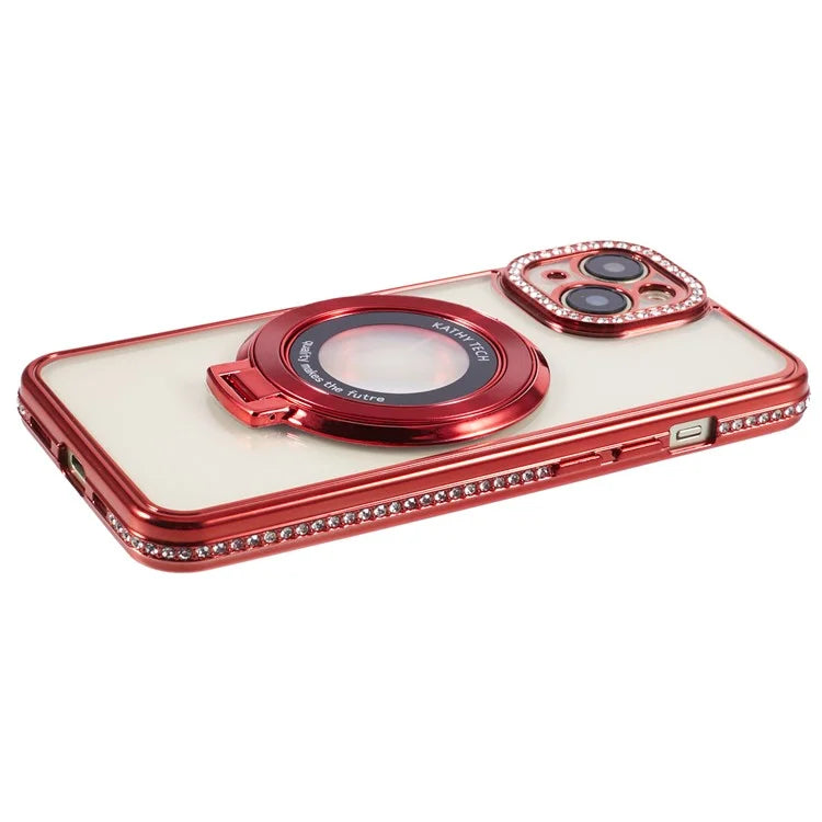 For iPhone 14 Case TPU Rhinestones Decor PC Ring Kickstand Cell Phone Protector