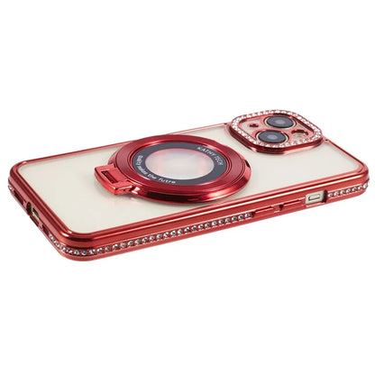 For iPhone 14 Case TPU Rhinestones Decor PC Ring Kickstand Cell Phone Protector