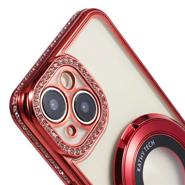 For iPhone 14 Case TPU Rhinestones Decor PC Ring Kickstand Cell Phone Protector