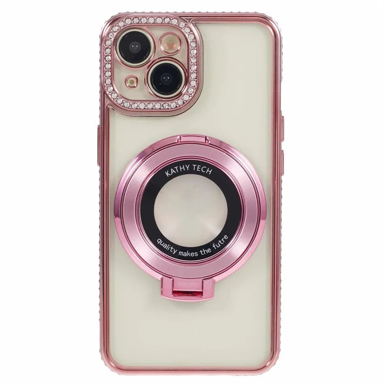 For iPhone 14 Case TPU Rhinestones Decor PC Ring Kickstand Cell Phone Protector