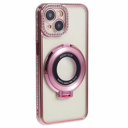 For iPhone 14 Case TPU Rhinestones Decor PC Ring Kickstand Cell Phone Protector