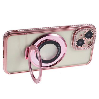 For iPhone 14 Case TPU Rhinestones Decor PC Ring Kickstand Cell Phone Protector