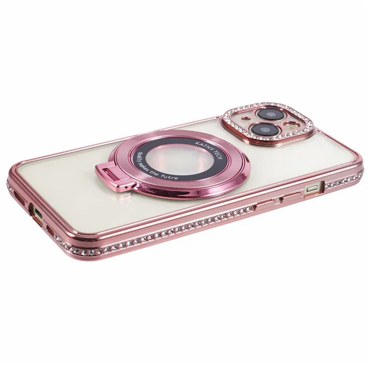 For iPhone 14 Case TPU Rhinestones Decor PC Ring Kickstand Cell Phone Protector