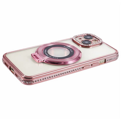 For iPhone 14 Case TPU Rhinestones Decor PC Ring Kickstand Cell Phone Protector