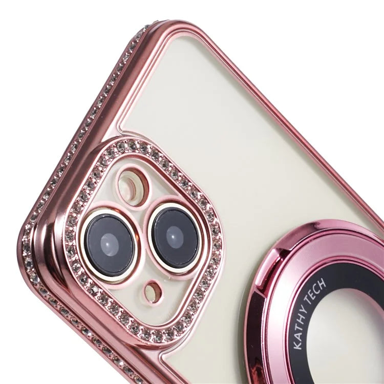 For iPhone 14 Case TPU Rhinestones Decor PC Ring Kickstand Cell Phone Protector