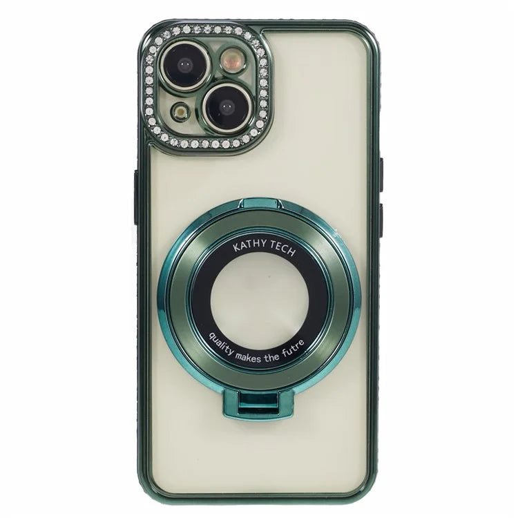 For iPhone 14 Case TPU Rhinestones Decor PC Ring Kickstand Cell Phone Protector
