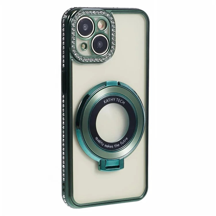 For iPhone 14 Case TPU Rhinestones Decor PC Ring Kickstand Cell Phone Protector