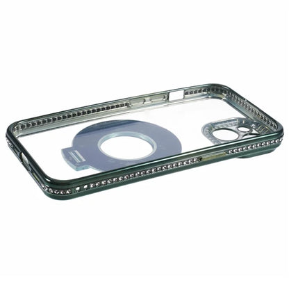 For iPhone 14 Case TPU Rhinestones Decor PC Ring Kickstand Cell Phone Protector