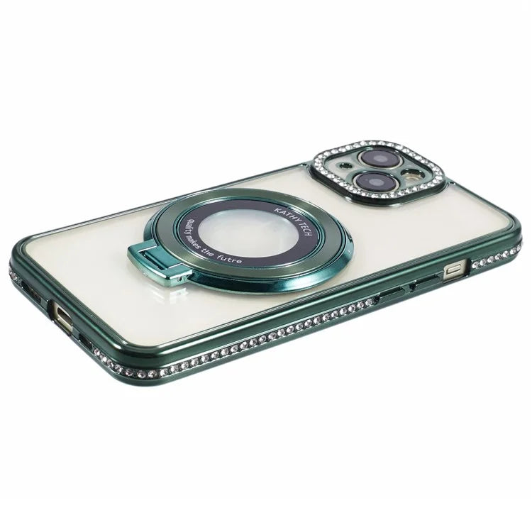 For iPhone 14 Case TPU Rhinestones Decor PC Ring Kickstand Cell Phone Protector