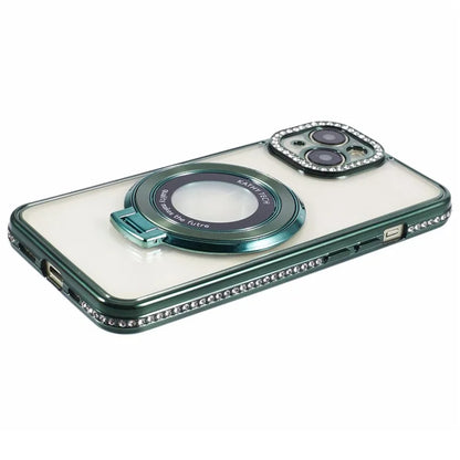 For iPhone 14 Case TPU Rhinestones Decor PC Ring Kickstand Cell Phone Protector