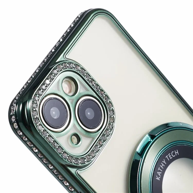 For iPhone 14 Case TPU Rhinestones Decor PC Ring Kickstand Cell Phone Protector